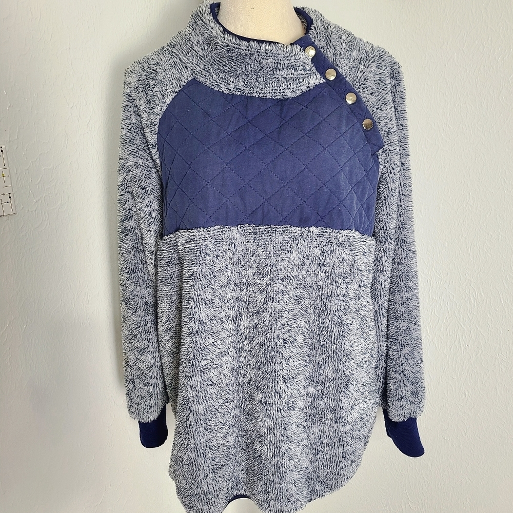 Furry Blue & White Sweater with Quilted Bodice & Side Buttons, Size XL